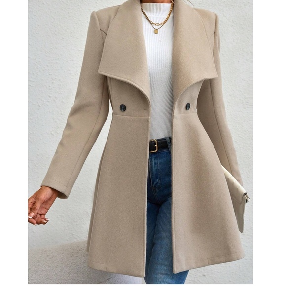 Classic Wide Collar Flare Hem Button Oversized Pea Coat - Picture 9 of 13
